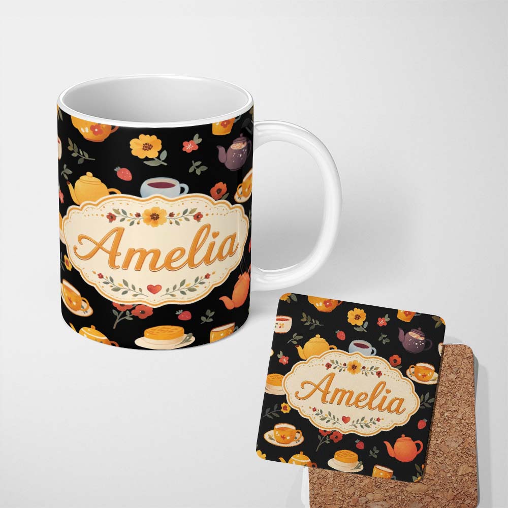 Personalized Custom Name Cute Floral Tea Set Teapot Cup Flowers Seamless Pattern Name Unique 11oz Ceramic Coffee Tea Mug White Large Handle