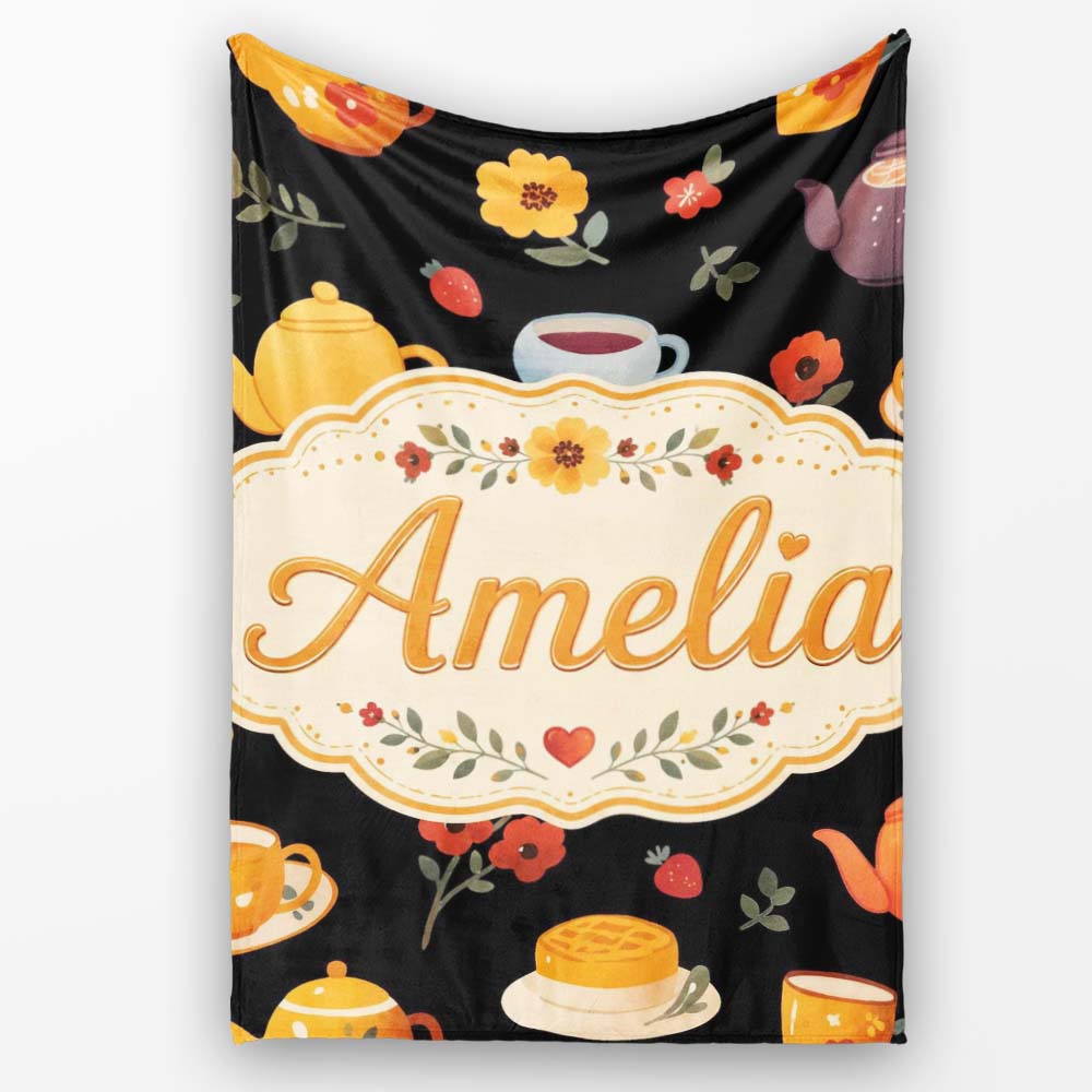 Cute Floral Tea Set Teapot Cup Flowers Seamless Pattern Name Unique Personalised Custom Name Super Soft Fleece Blanket Bed Sofa Throw