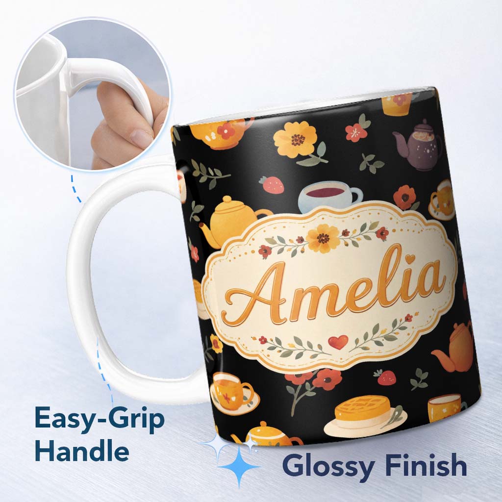 Personalized Custom Name Cute Floral Tea Set Teapot Cup Flowers Seamless Pattern Name Unique 11oz Ceramic Coffee Tea Mug White Large Handle