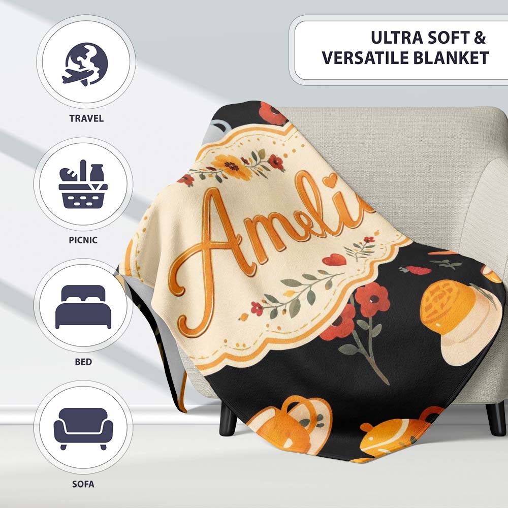Cute Floral Tea Set Teapot Cup Flowers Seamless Pattern Name Unique Personalised Custom Name Super Soft Fleece Blanket Bed Sofa Throw