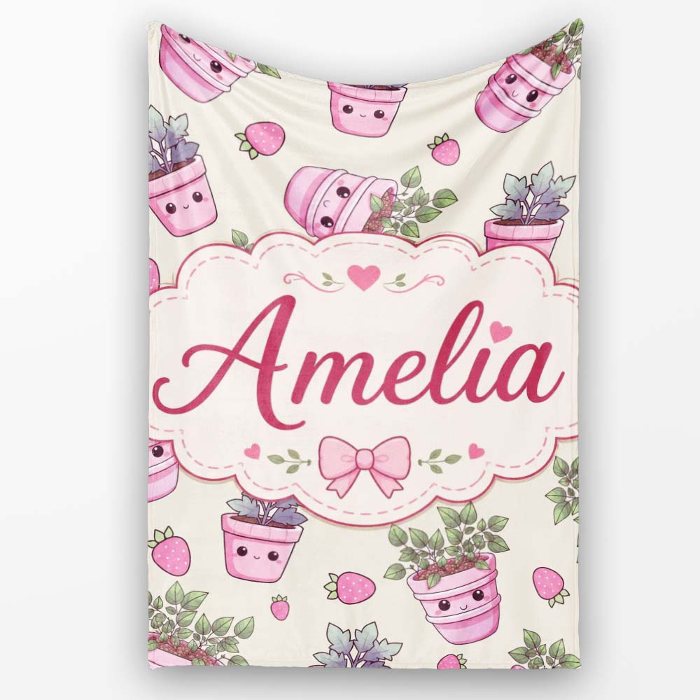 Cute Kawaii Strawberry Plant Pots Smiling Faces Seamless Pattern Personalised Custom Name Super Soft Fleece Blanket Bed Sofa Throw