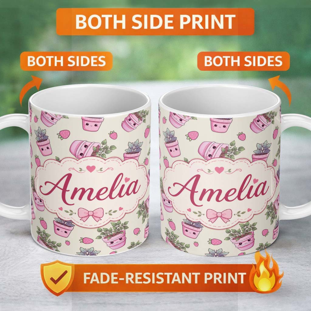 Personalized Custom Name Cute Kawaii Strawberry Plant Pots Smiling Faces Seamless Pattern 11oz Ceramic Coffee Tea Mug White Large Handle