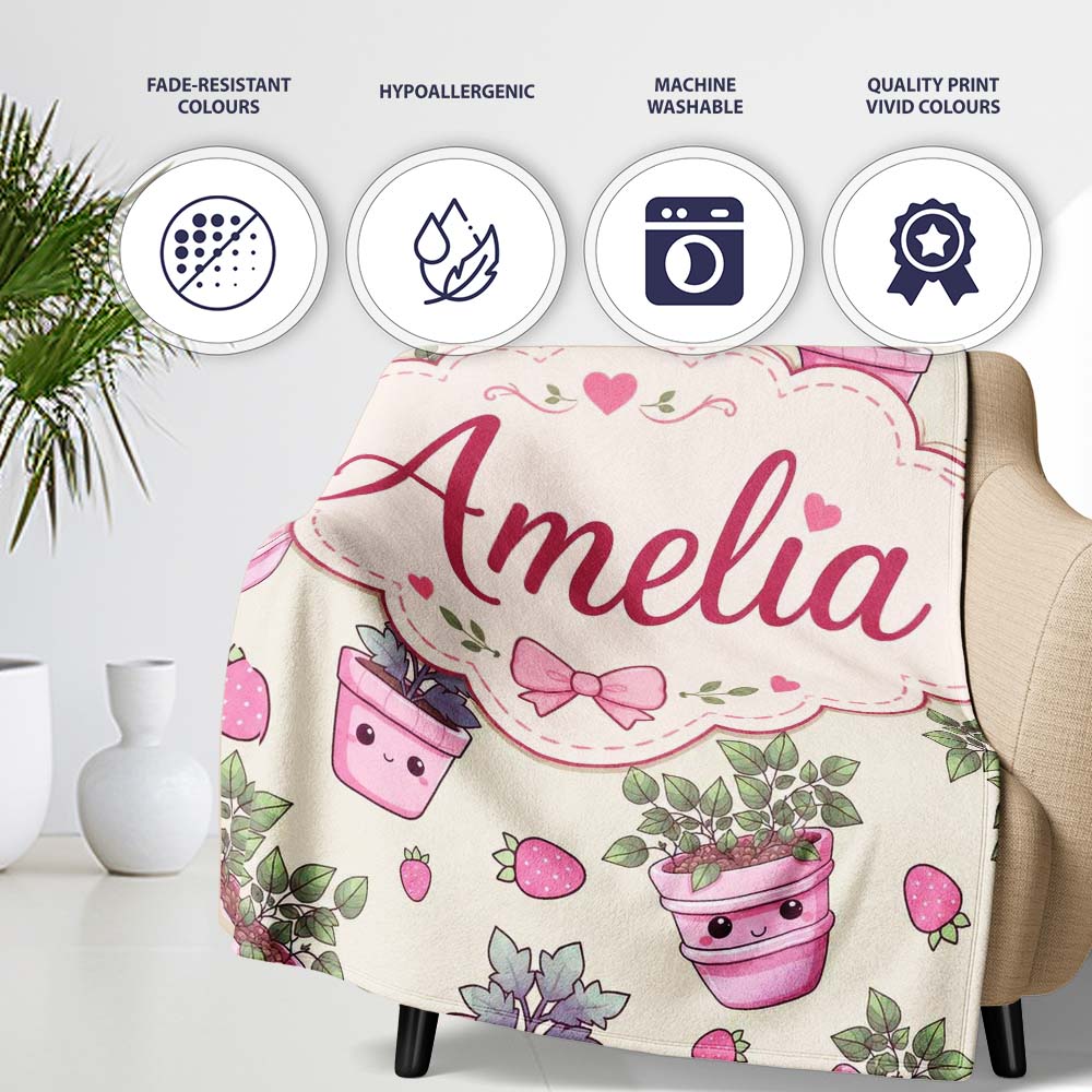 Cute Kawaii Strawberry Plant Pots Smiling Faces Seamless Pattern Personalised Custom Name Super Soft Fleece Blanket Bed Sofa Throw