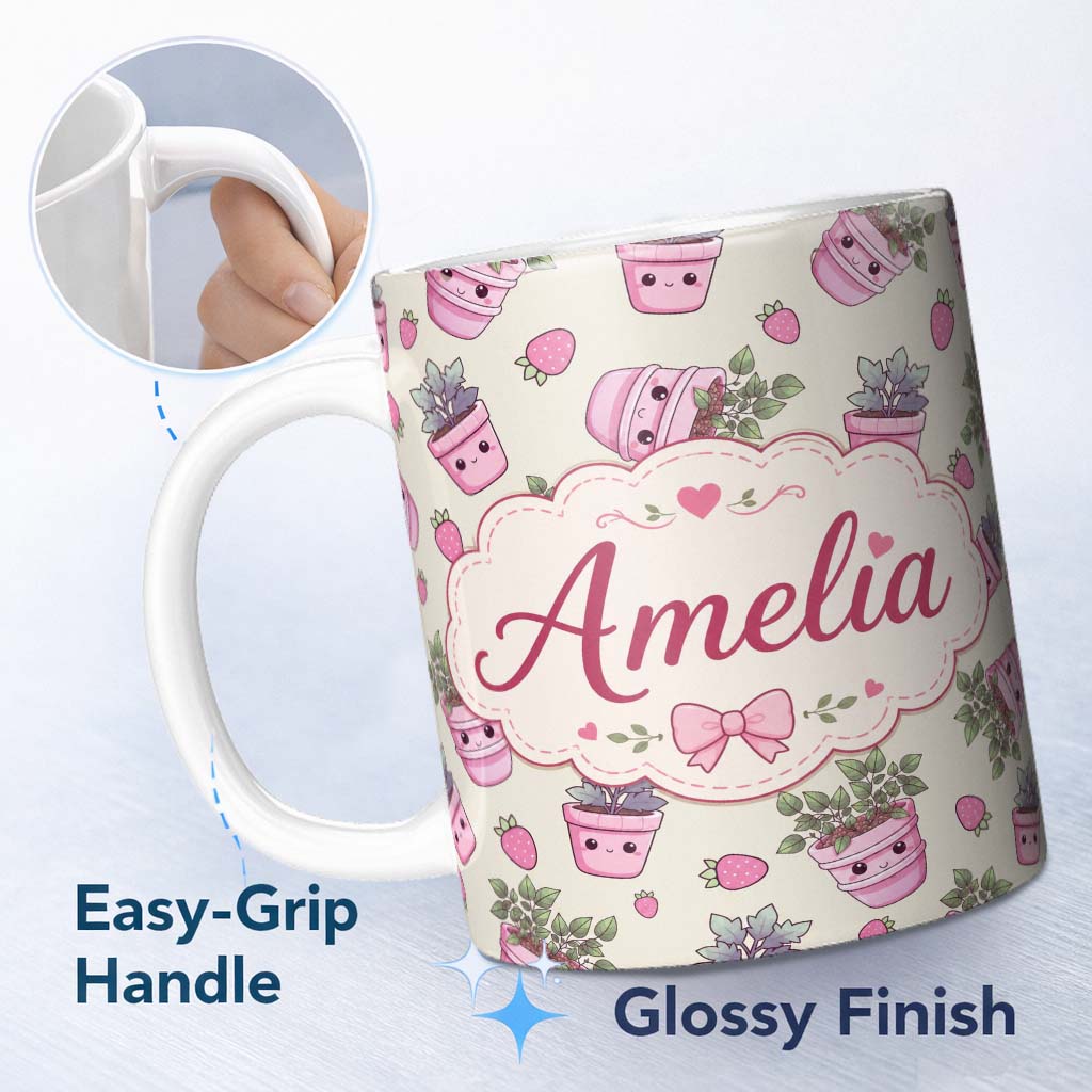 Personalized Custom Name Cute Kawaii Strawberry Plant Pots Smiling Faces Seamless Pattern 11oz Ceramic Coffee Tea Mug White Large Handle