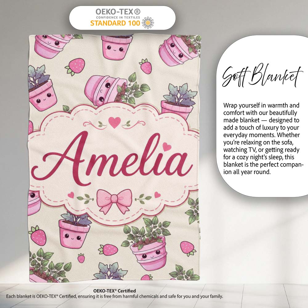 Cute Kawaii Strawberry Plant Pots Smiling Faces Seamless Pattern Personalised Custom Name Super Soft Fleece Blanket Bed Sofa Throw