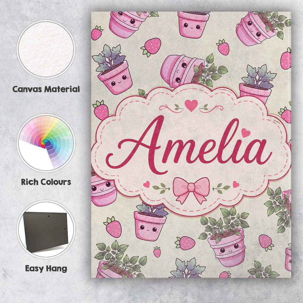 Personalised Name Cute Kawaii Strawberry Custom Unique Gift Idea Elegant Feature Canvas Wall Art Print Decor Picture Ready to Hang