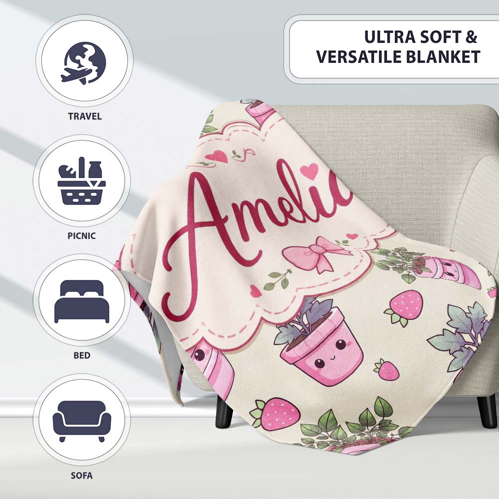 Cute Kawaii Strawberry Plant Pots Smiling Faces Seamless Pattern Personalised Custom Name Super Soft Fleece Blanket Bed Sofa Throw