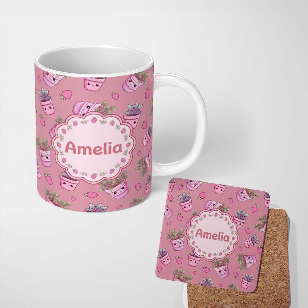Personalized Custom Name Cute Kawaii Strawberry Plant Pots Pink Background Seamless Pattern 11oz Ceramic Coffee Tea Mug White Large Handle