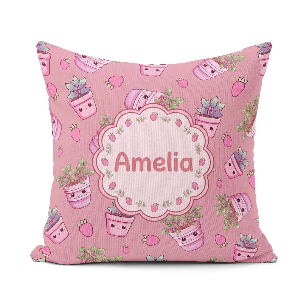 Custom Name Kawaii Strawberry Plant Pots Pink Background Pattern Square Filled Cushion Throw Pillow Sofa Bed Home Decor Zip Washable UK Made