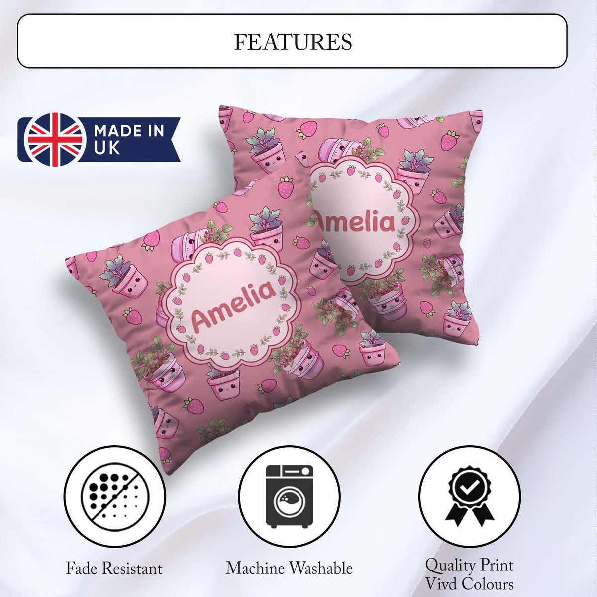 Custom Name Kawaii Strawberry Plant Pots Pink Background Pattern Square Filled Cushion Throw Pillow Sofa Bed Home Decor Zip Washable UK Made