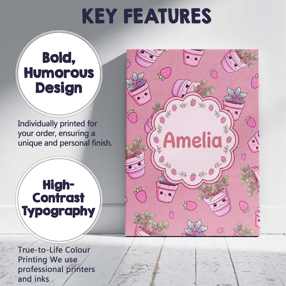 Personalised Name Cute Kawaii Strawberry Custom Unique Gift Idea Elegant Feature Canvas Wall Art Print Decor Picture Ready to Hang