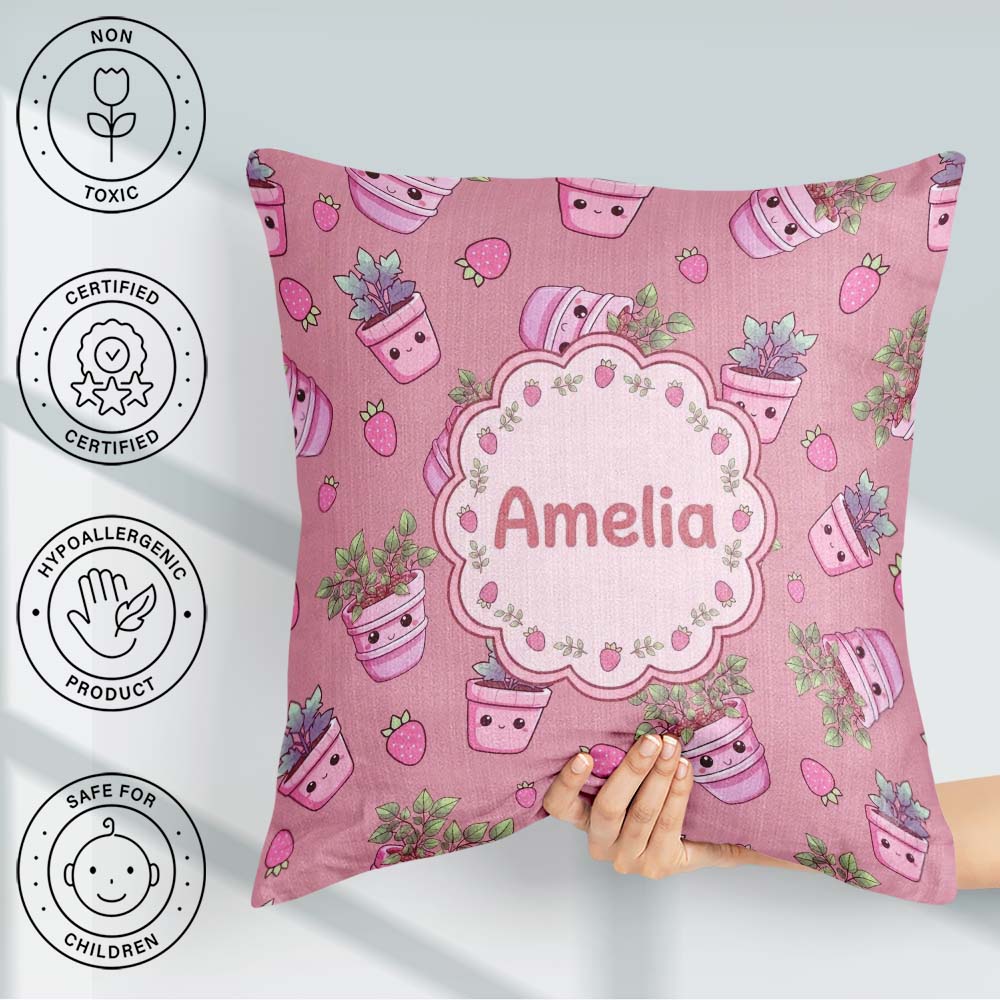 Custom Name Kawaii Strawberry Plant Pots Pink Background Pattern Square Filled Cushion Throw Pillow Sofa Bed Home Decor Zip Washable UK Made