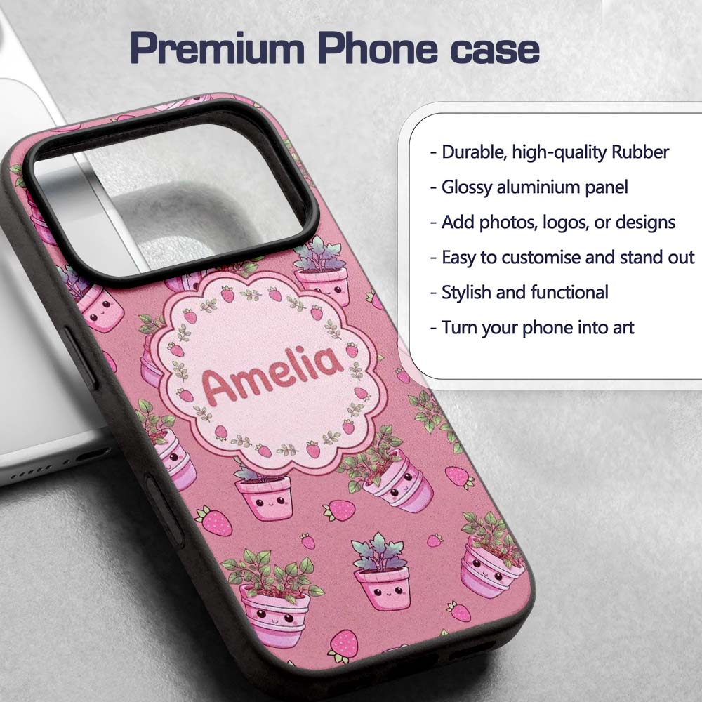 Cute Kawaii Strawberry Plant Pots Pink Background Custom Name Protective Phone Case Mobile Cover Durable Everyday Smartphone Shock Resistant