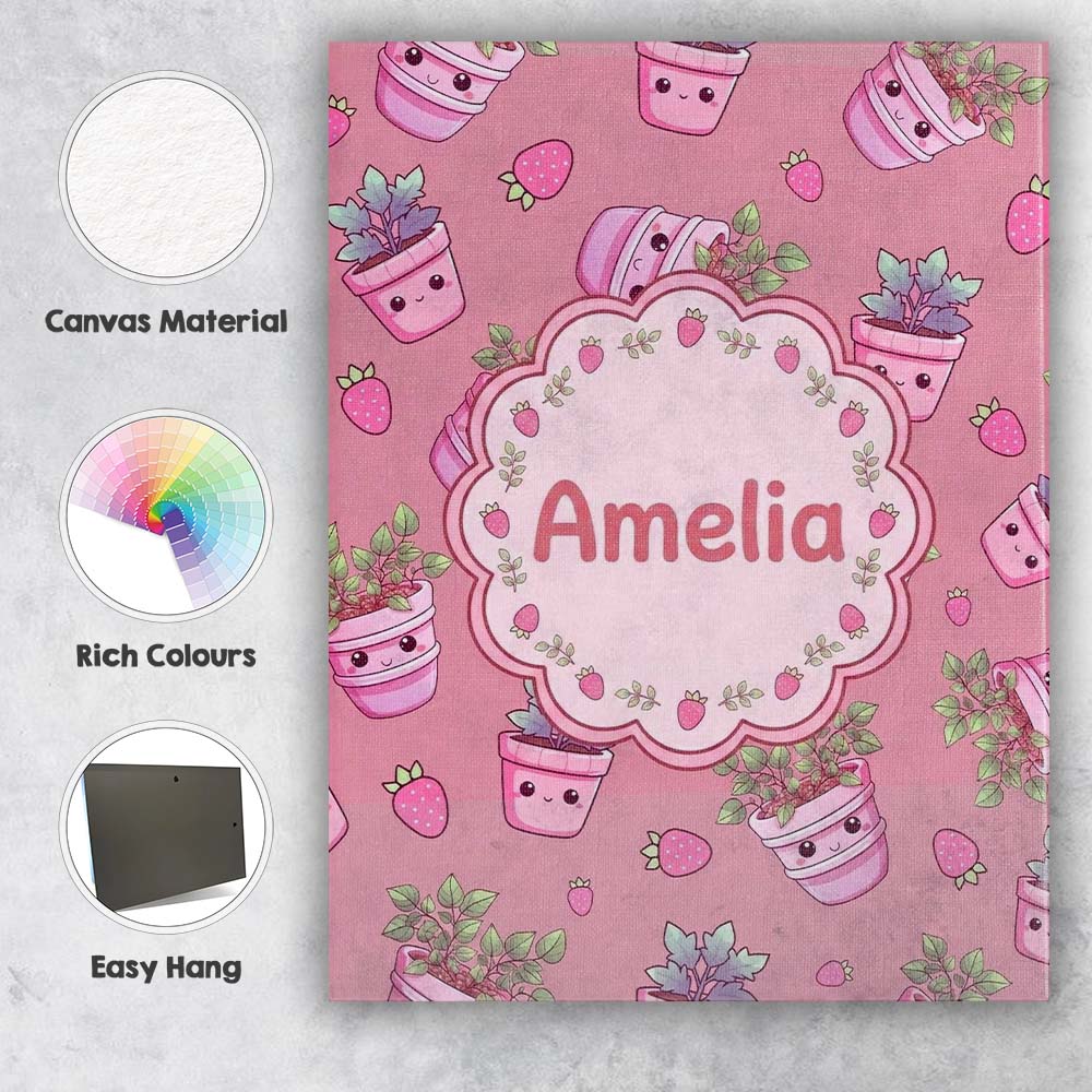 Personalised Name Cute Kawaii Strawberry Custom Unique Gift Idea Elegant Feature Canvas Wall Art Print Decor Picture Ready to Hang