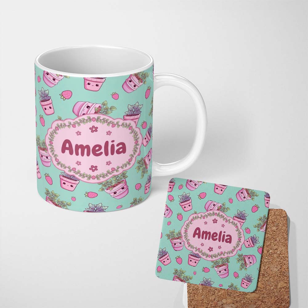 Personalized Custom Name Cute Kawaii Strawberry Plant Pots Teal Background Seamless Pattern 11oz Ceramic Coffee Tea Mug White Large Handle