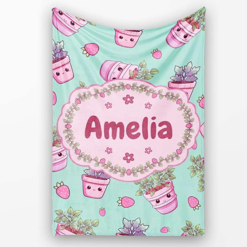 Cute Kawaii Strawberry Plant Pots Teal Background Seamless Pattern Personalised Custom Name Super Soft Fleece Blanket Bed Sofa Throw