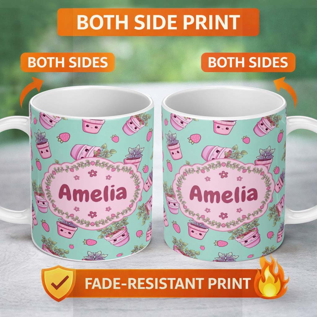 Personalized Custom Name Cute Kawaii Strawberry Plant Pots Teal Background Seamless Pattern 11oz Ceramic Coffee Tea Mug White Large Handle