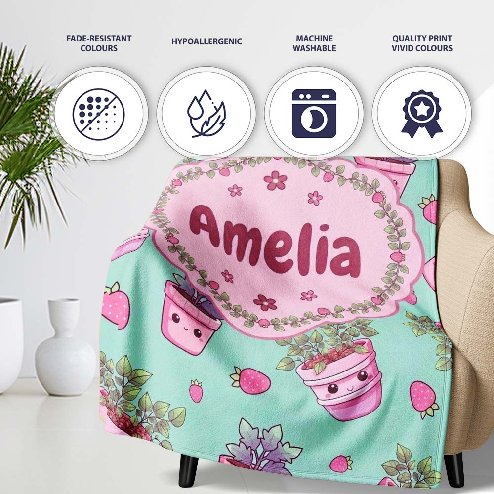 Cute Kawaii Strawberry Plant Pots Teal Background Seamless Pattern Personalised Custom Name Super Soft Fleece Blanket Bed Sofa Throw