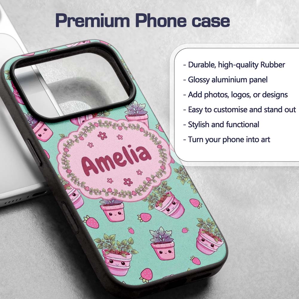 Cute Kawaii Strawberry Plant Pots Teal Background Custom Name Protective Phone Case Mobile Cover Durable Everyday Smartphone Shock Resistant