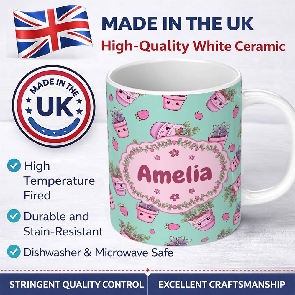 Personalized Custom Name Cute Kawaii Strawberry Plant Pots Teal Background Seamless Pattern 11oz Ceramic Coffee Tea Mug White Large Handle