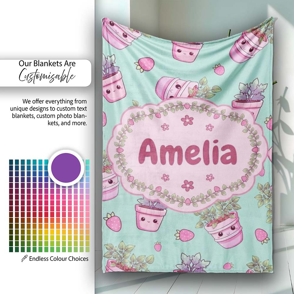 Cute Kawaii Strawberry Plant Pots Teal Background Seamless Pattern Personalised Custom Name Super Soft Fleece Blanket Bed Sofa Throw