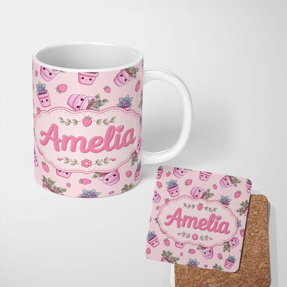 Personalized Custom Name Cute Kawaii Strawberry Plant Pots Pastel Pink Seamless Pattern 11oz Ceramic Coffee Tea Mug White Large Handle