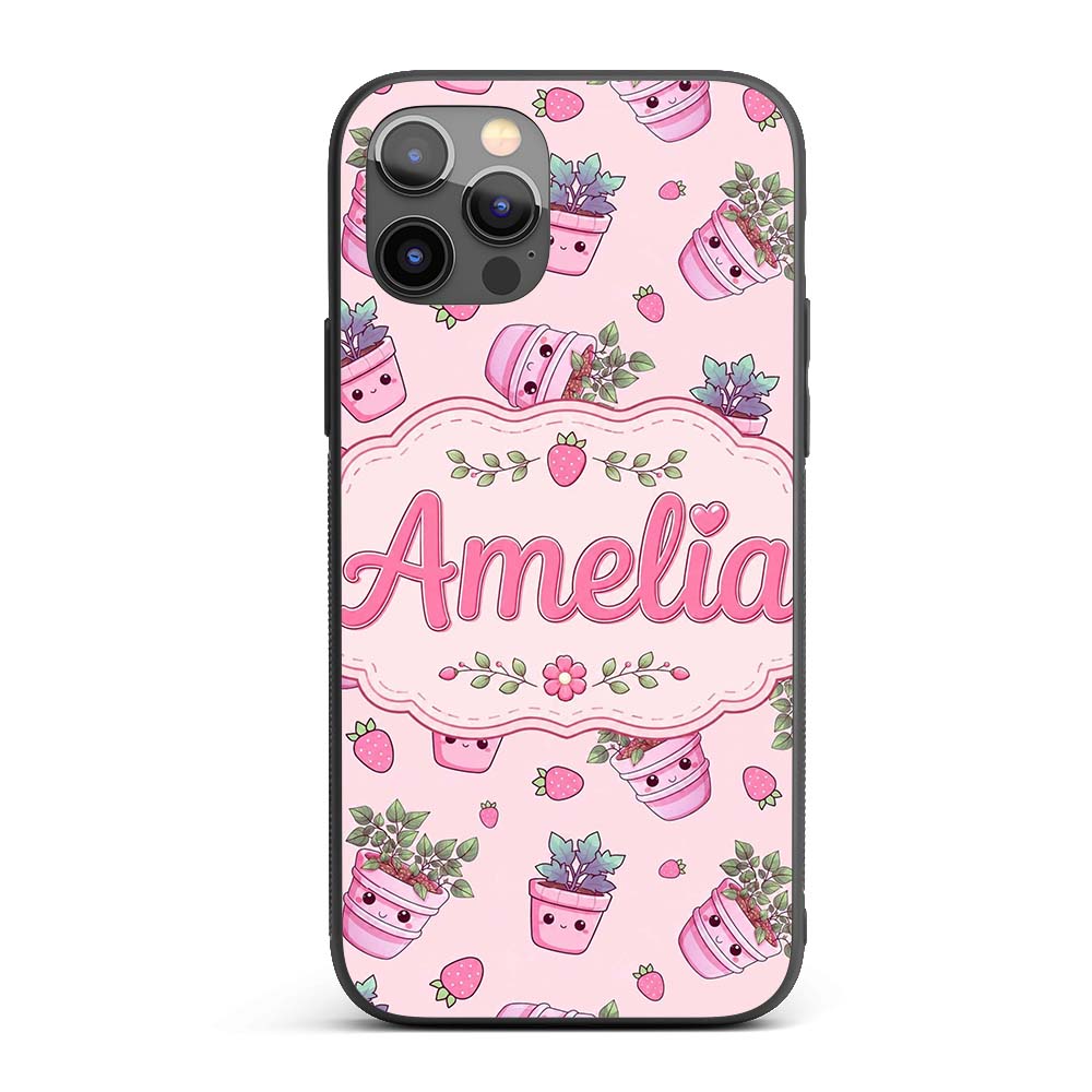 Cute Kawaii Strawberry Plant Pots Pastel Pink Custom Name Protective Phone Case Mobile Cover Durable Everyday Smartphone Shock Resistant
