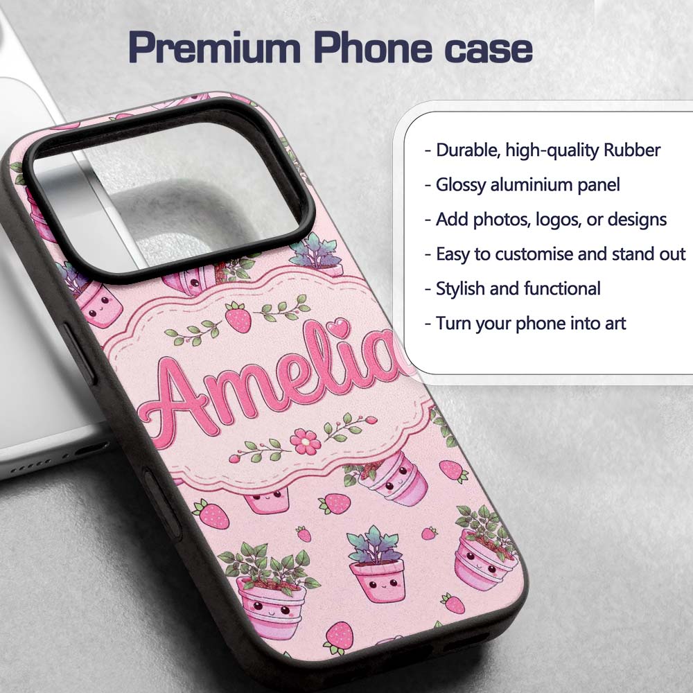 Cute Kawaii Strawberry Plant Pots Pastel Pink Custom Name Protective Phone Case Mobile Cover Durable Everyday Smartphone Shock Resistant