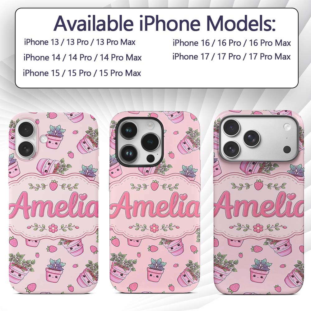 Cute Kawaii Strawberry Plant Pots Pastel Pink Custom Name Protective Phone Case Mobile Cover Durable Everyday Smartphone Shock Resistant
