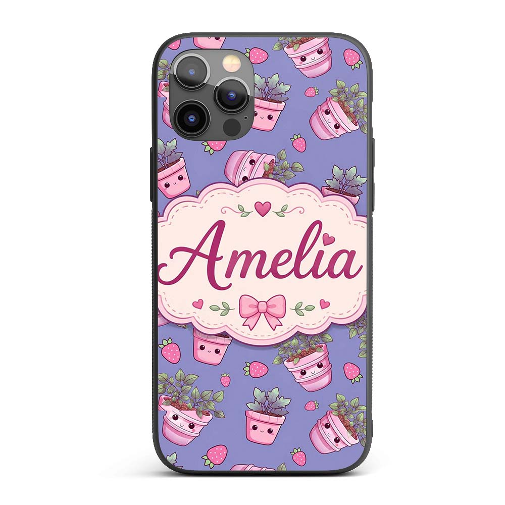 Cute Kawaii Strawberry Plant Pots Printed Design Custom Name Protective Phone Case Mobile Cover Durable Everyday Smartphone Shock Resistant