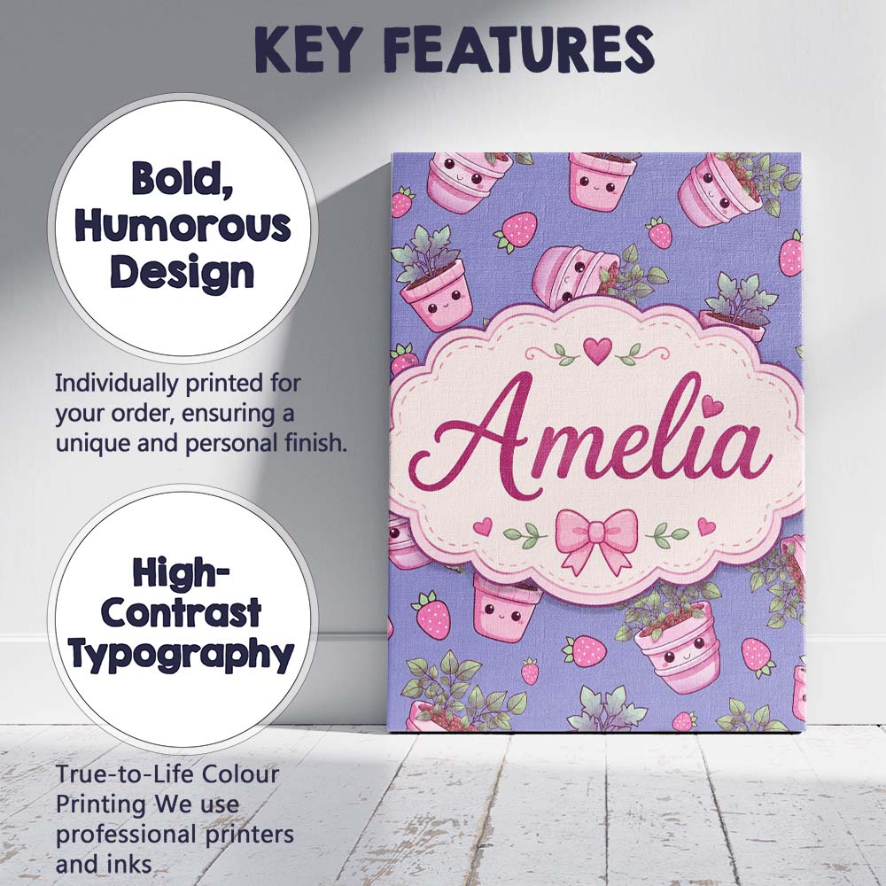 Personalised Name Cute Kawaii Strawberry Custom Unique Gift Idea Elegant Feature Canvas Wall Art Print Decor Picture Ready to Hang