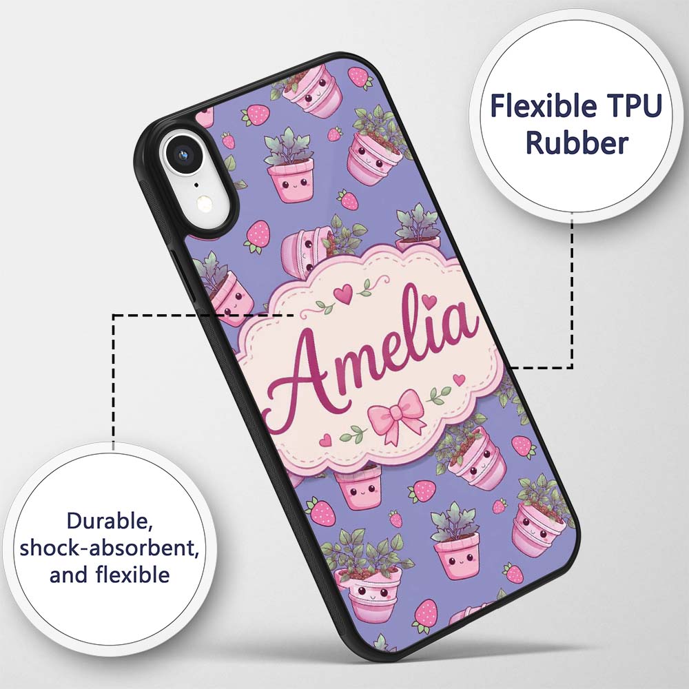 Cute Kawaii Strawberry Plant Pots Printed Design Custom Name Protective Phone Case Mobile Cover Durable Everyday Smartphone Shock Resistant