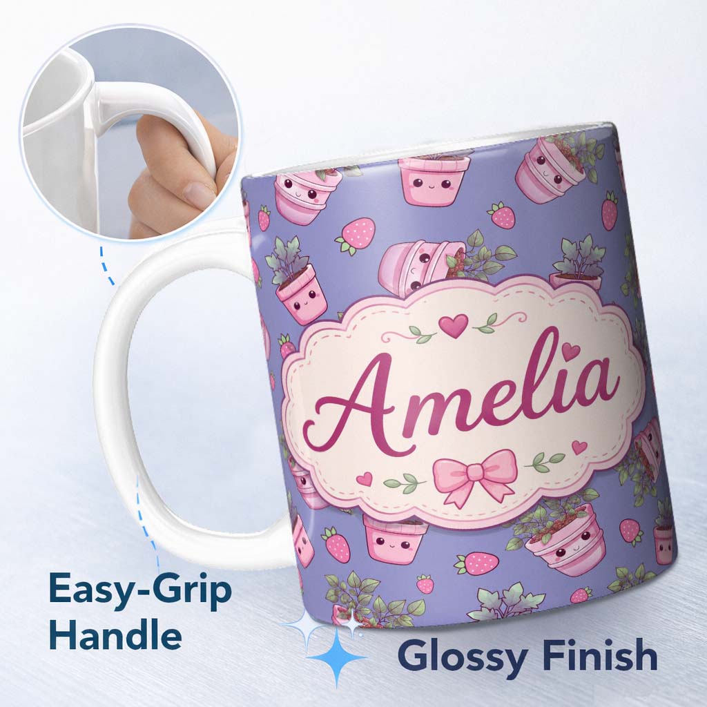 Personalized Custom Name Cute Kawaii Strawberry Plant Pots Purple Background Seamless 11oz Ceramic Coffee Tea Mug White Large Handle