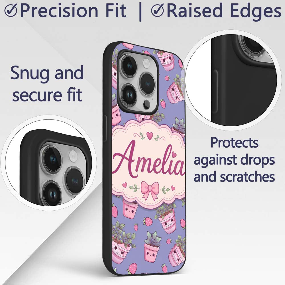 Cute Kawaii Strawberry Plant Pots Printed Design Custom Name Protective Phone Case Mobile Cover Durable Everyday Smartphone Shock Resistant