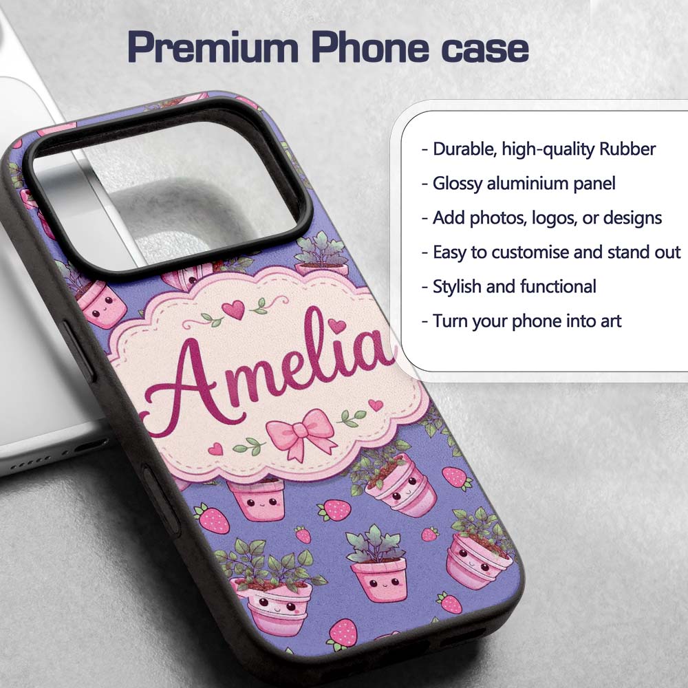 Cute Kawaii Strawberry Plant Pots Printed Design Custom Name Protective Phone Case Mobile Cover Durable Everyday Smartphone Shock Resistant