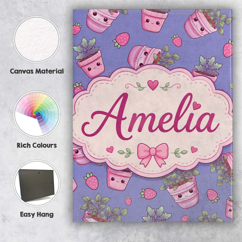 Personalised Name Cute Kawaii Strawberry Custom Unique Gift Idea Elegant Feature Canvas Wall Art Print Decor Picture Ready to Hang
