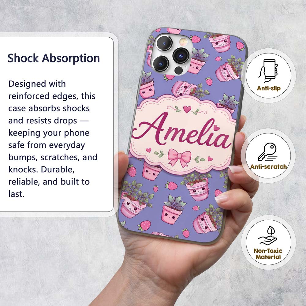Cute Kawaii Strawberry Plant Pots Printed Design Custom Name Protective Phone Case Mobile Cover Durable Everyday Smartphone Shock Resistant