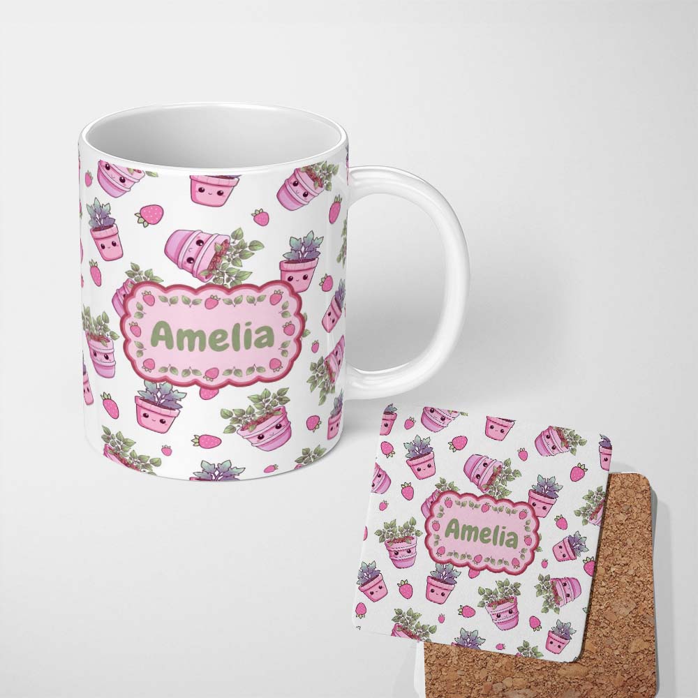 Personalized Custom Name Cute Kawaii Strawberry Plant Pots Grey Background Seamless Pattern 11oz Ceramic Coffee Tea Mug White Large Handle