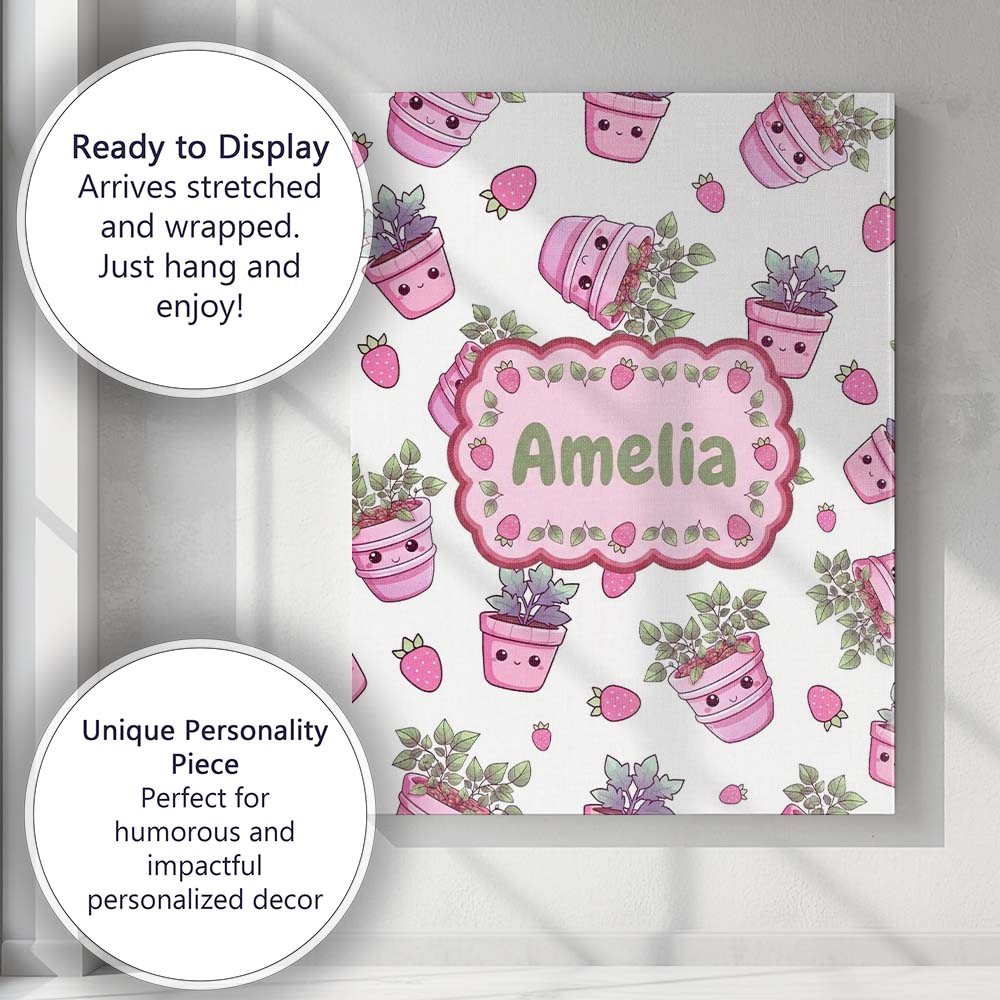 Personalised Name Cute Kawaii Strawberry Custom Unique Gift Idea Elegant Feature Canvas Wall Art Print Decor Picture Ready to Hang