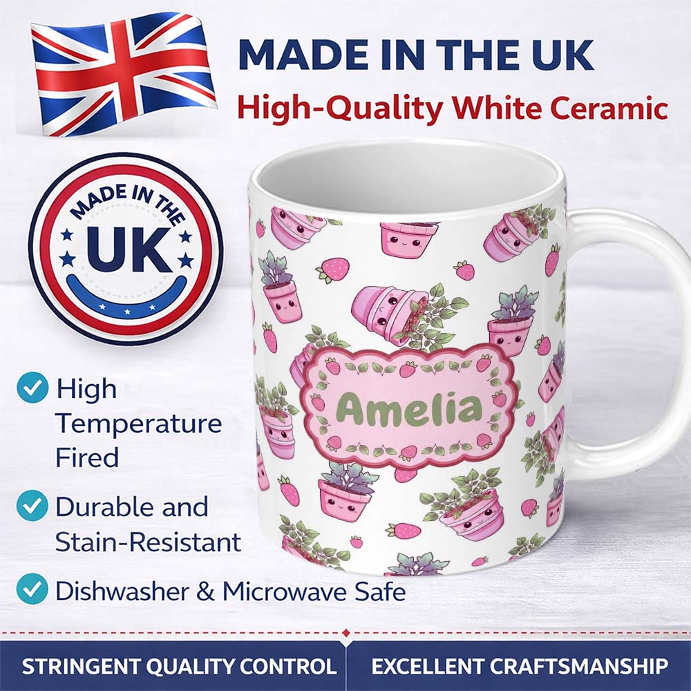 Personalized Custom Name Cute Kawaii Strawberry Plant Pots Grey Background Seamless Pattern 11oz Ceramic Coffee Tea Mug White Large Handle