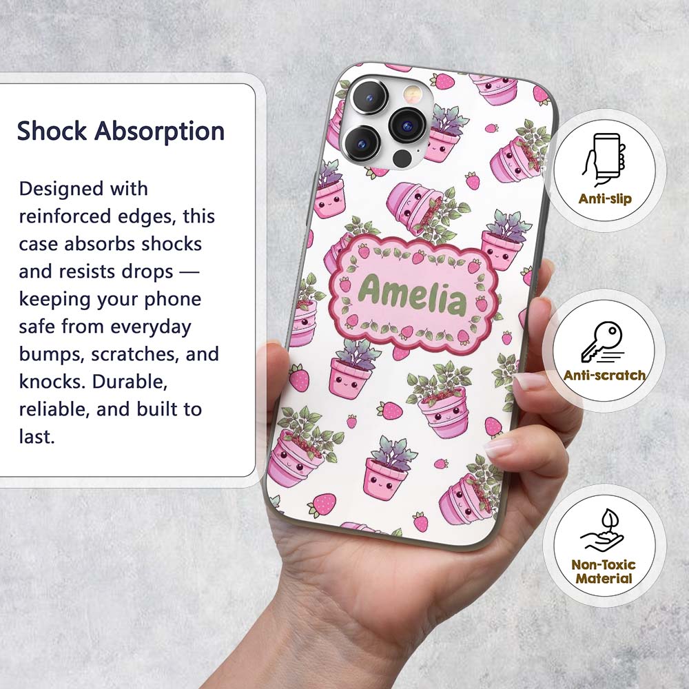 Cute Kawaii Strawberry Plant Pots Grey Background Custom Name Protective Phone Case Mobile Cover Durable Everyday Smartphone Shock Resistant