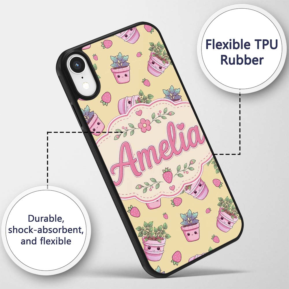 Cute Kawaii Strawberry Plant Pots Printed Design Custom Name Protective Phone Case Mobile Cover Durable Everyday Smartphone Shock Resistant