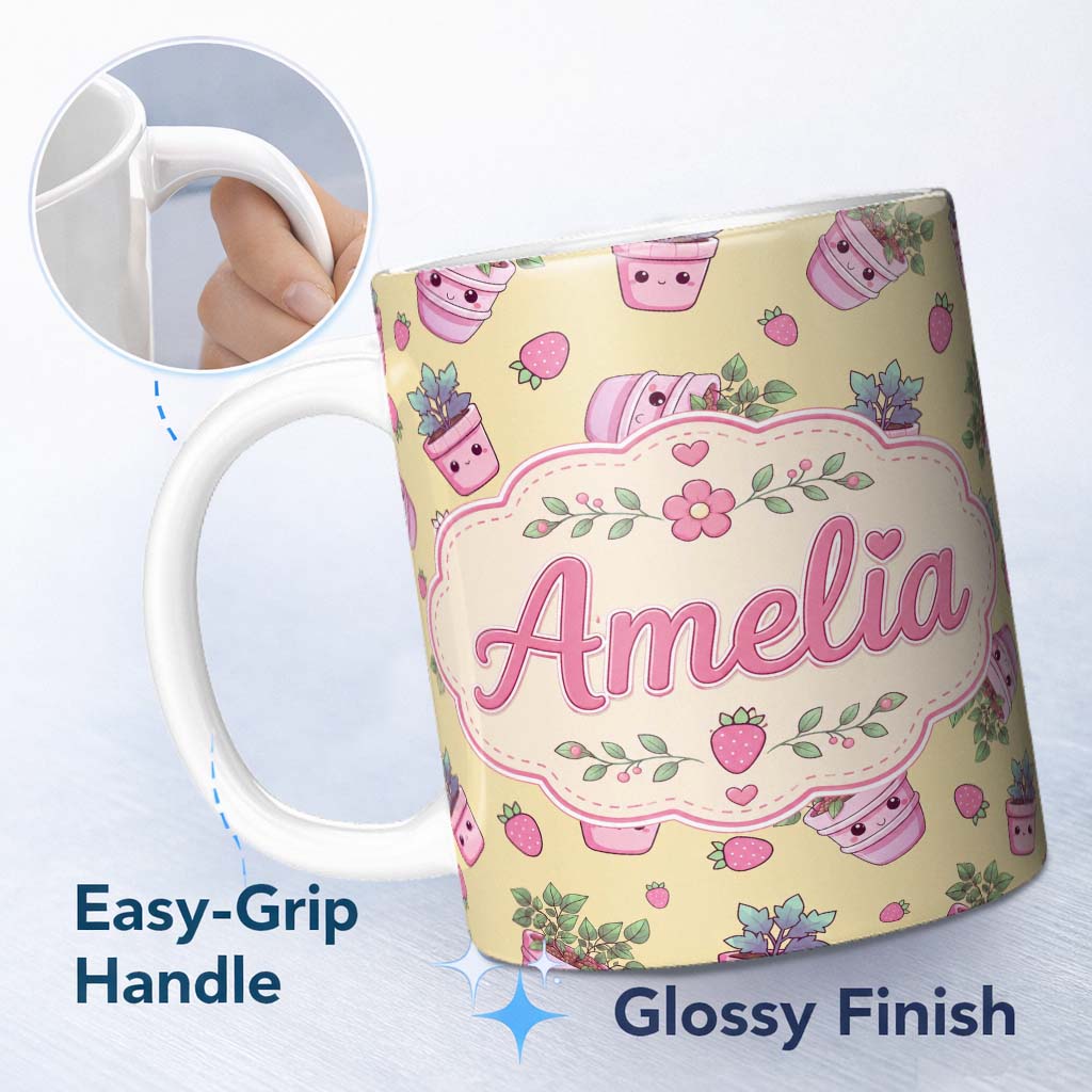 Personalized Custom Name Cute Kawaii Strawberry Plant Pots Yellow Background Seamless 11oz Ceramic Coffee Tea Mug White Large Handle