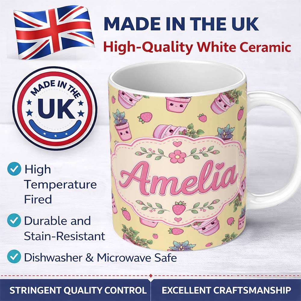 Personalized Custom Name Cute Kawaii Strawberry Plant Pots Yellow Background Seamless 11oz Ceramic Coffee Tea Mug White Large Handle