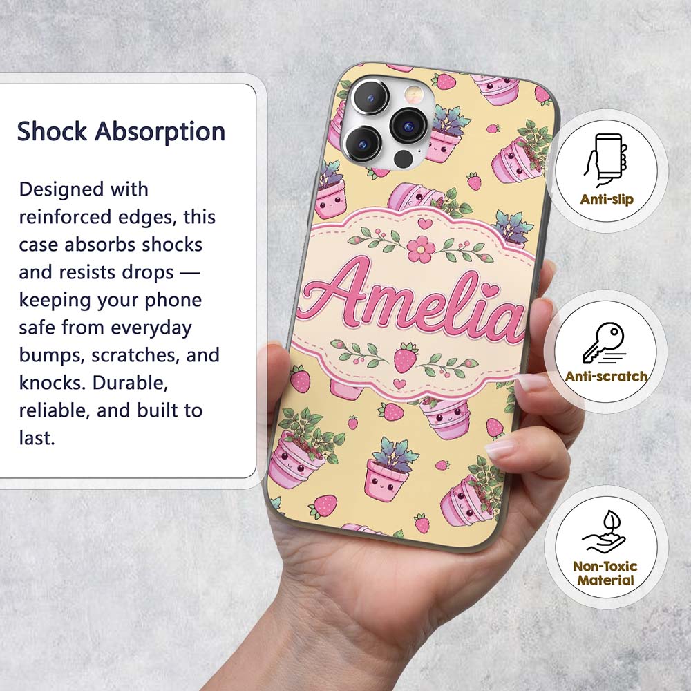 Cute Kawaii Strawberry Plant Pots Printed Design Custom Name Protective Phone Case Mobile Cover Durable Everyday Smartphone Shock Resistant