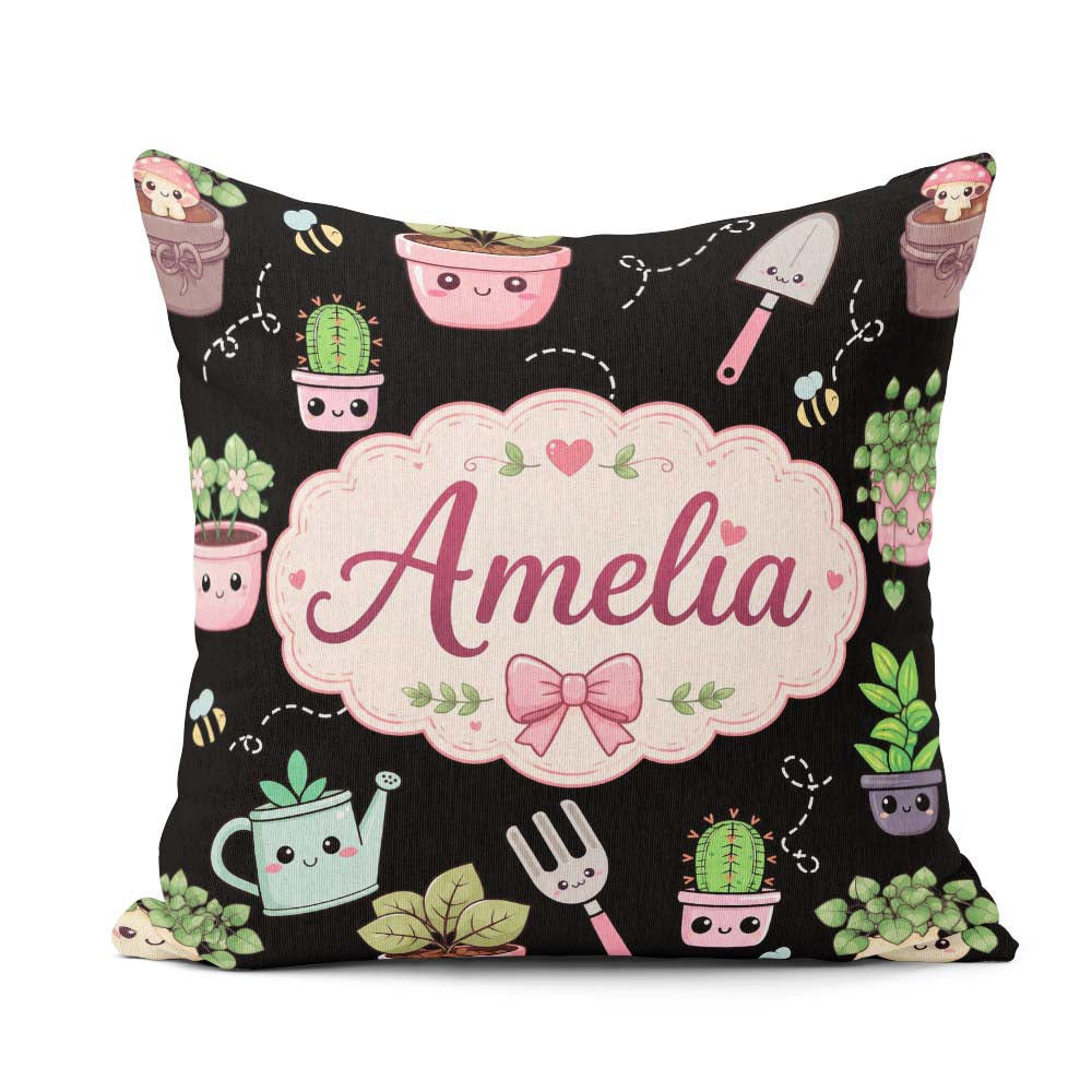Custom Name Kawaii Garden Tools Bees Black Seamless Pattern Name Square Filled Cushion Throw Pillow Sofa Bed Home Decor Zip Washable UK Made
