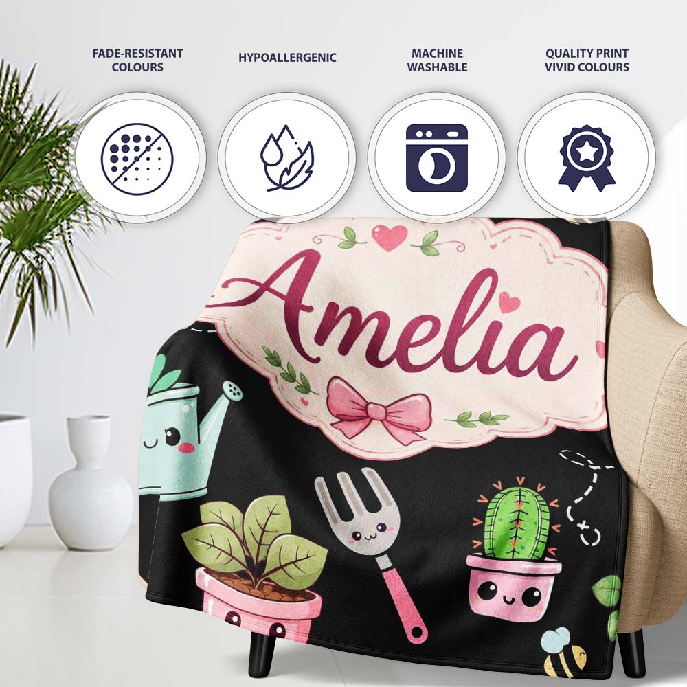Cute Kawaii Garden Tools Plants Bees Black Seamless Pattern Name Personalised Custom Name Super Soft Fleece Blanket Bed Sofa Throw