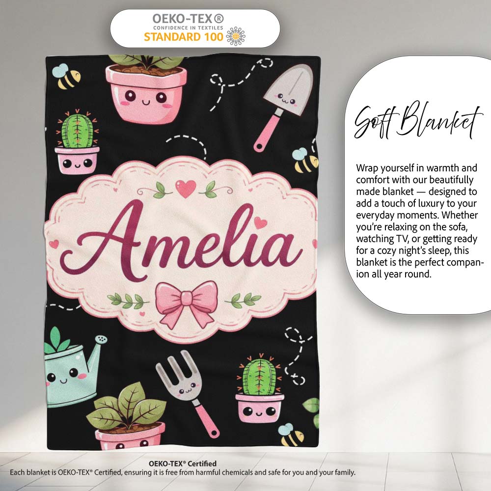 Cute Kawaii Garden Tools Plants Bees Black Seamless Pattern Name Personalised Custom Name Super Soft Fleece Blanket Bed Sofa Throw