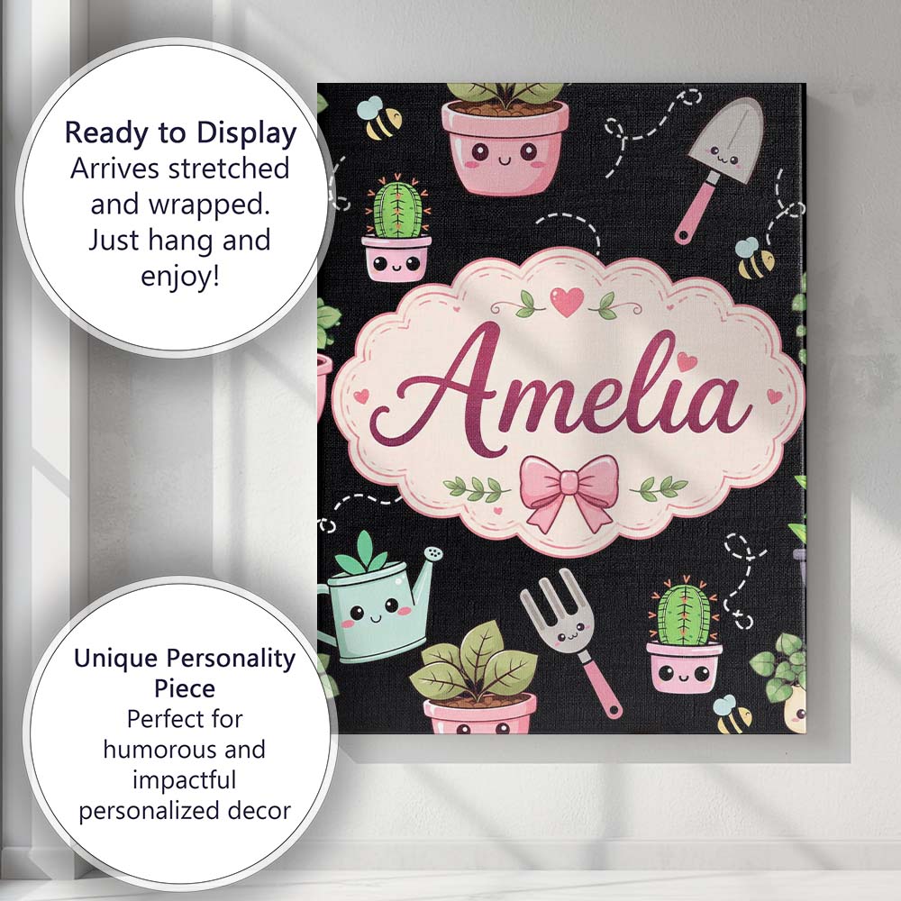 Personalised Name Cute Kawaii Garden Tools Custom Unique Gift Idea Elegant Feature Canvas Wall Art Print Decor Picture Ready to Hang