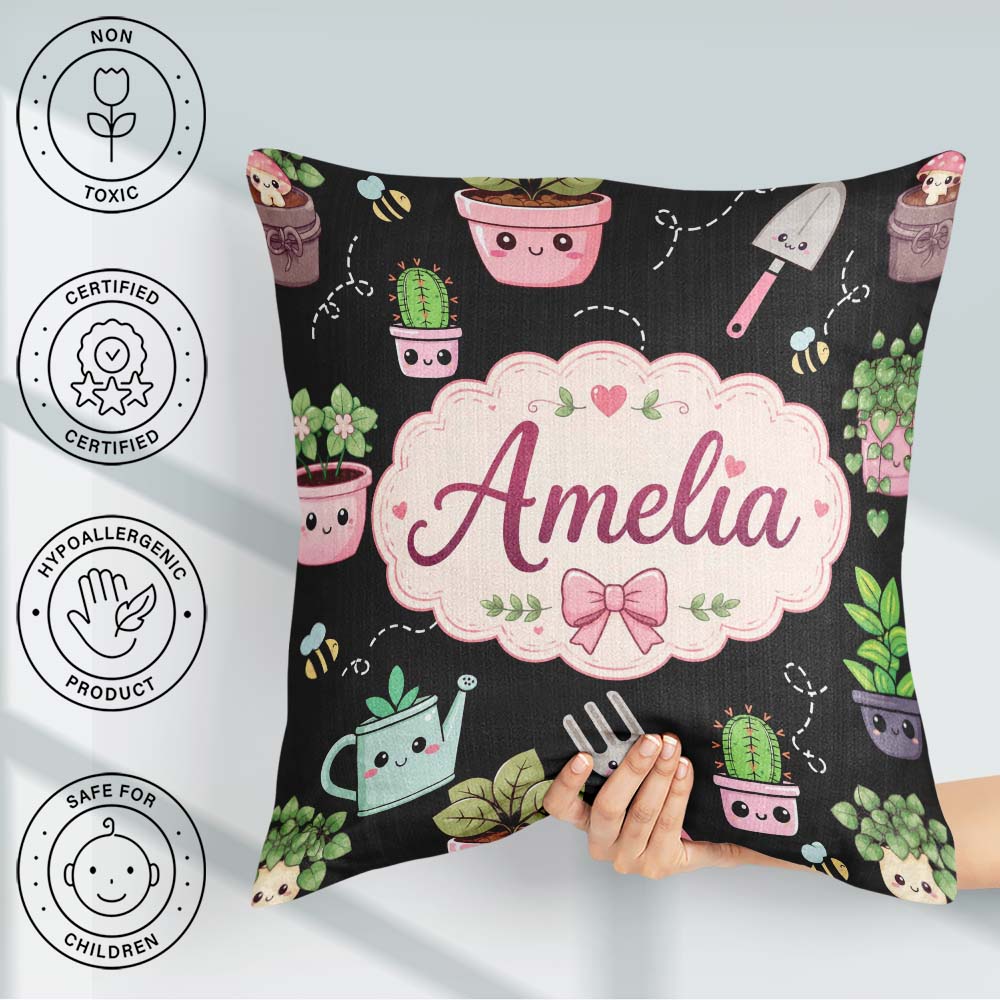 Custom Name Kawaii Garden Tools Bees Black Seamless Pattern Name Square Filled Cushion Throw Pillow Sofa Bed Home Decor Zip Washable UK Made